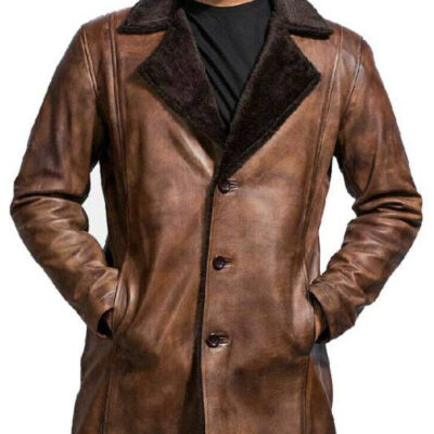 Men's Distressed Leather Coat Cinnamon Brown Fur Collar