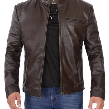 Schott Mens Dark Brown Cowhide Leather Cafe Racer Jacket