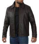 Mens Dark Brown Shirt Collar Cowhide Leather Jacket