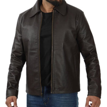 Mens Dark Brown Shirt Collar Cowhide Leather Jacket