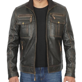 Moffit Mens Dark Brown Cafe Racer Leather Jacket