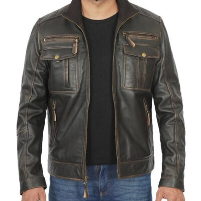 Moffit Mens Dark Brown Cafe Racer Leather Jacket