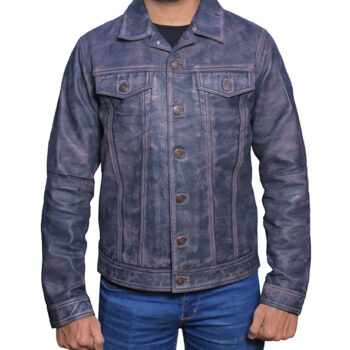 Men's Grey Distressed Trucker Leather Jacket