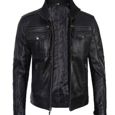 Moffit Black Leather Motorcycle Jacket Men
