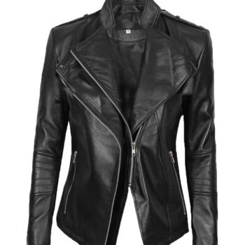 Monica Womens Black Leather Moto Jacket Asymmetrical Fitted Style