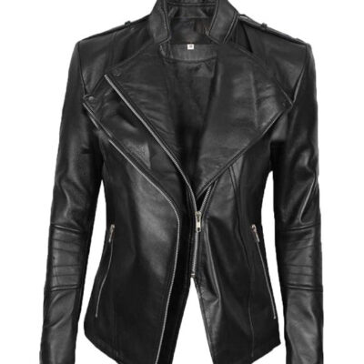 Monica Womens Black Leather Moto Jacket Asymmetrical Fitted Style