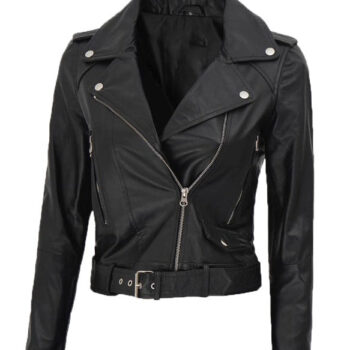 Nellie Black Asymmetrical Cropped Leather Jacket Womens