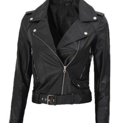 Nellie Black Asymmetrical Cropped Leather Jacket Womens
