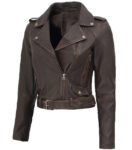 Nellie Dark brown Asymmetrical Cropped Leather Jacket Womens