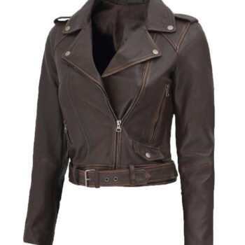 Nellie Dark brown Asymmetrical Cropped Leather Jacket Womens