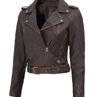 Nellie Dark brown Asymmetrical Cropped Leather Jacket Womens