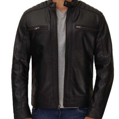 North Carolina Mens Leather Padded Black Biker Jacket