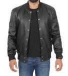 Mens Baseball Style Black Leather Bomber Jacket