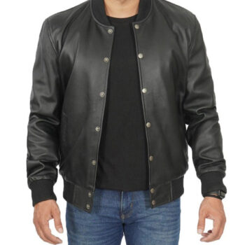 Mens Baseball Style Black Leather Bomber Jacket