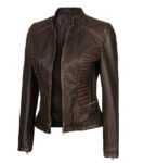 Rachel Women's Rub Off Brown Slim Fit Leather Jacket