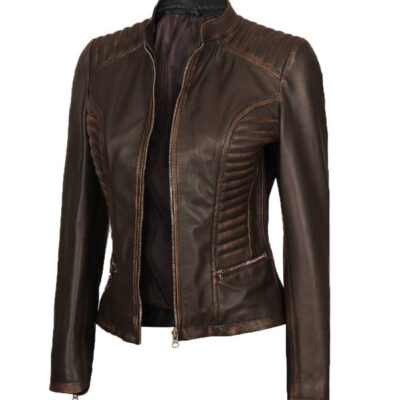Rachel Women's Rub Off Brown Slim Fit Leather Jacket