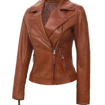 Ramsey Tan Asymmetrical Leather Biker Jacket Women