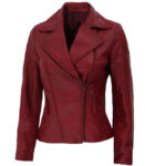 Ramsey Maroon Asymmetrical Leather Biker Jacket Women