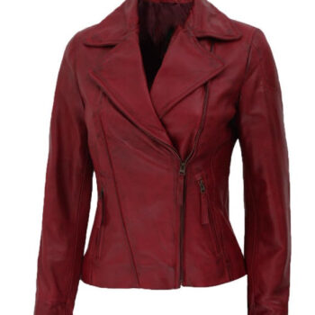 Ramsey Maroon Asymmetrical Leather Biker Jacket Women