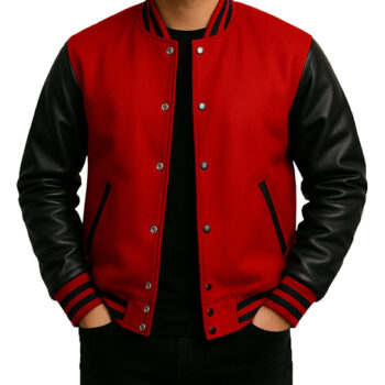 Red And Black Varsity Jacket For Unisex