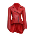 Red Asymmetrical Peplum Leather Jacket For Women