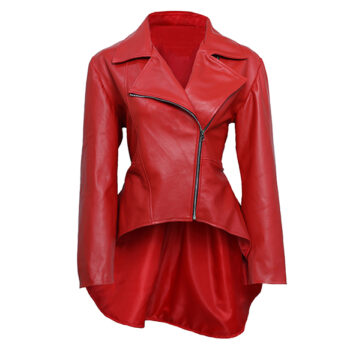 Red Asymmetrical Peplum Leather Jacket For Women