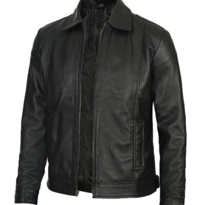 Reeves Black Shirt Collar Vintage Black Leather Jacket