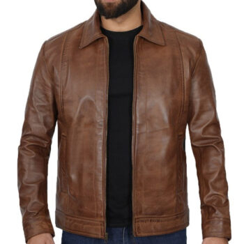 Reeves Black Shirt Collar Vintage Chocolate Brown Leather Jacket
