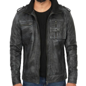 Tavares Mens Cafe Racer Distressed Black Leather Jacket