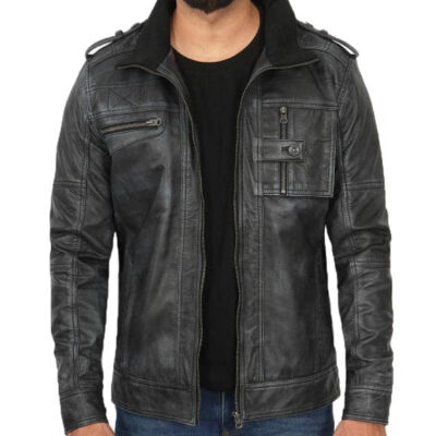 Tavares Mens Cafe Racer Distressed Black Leather Jacket