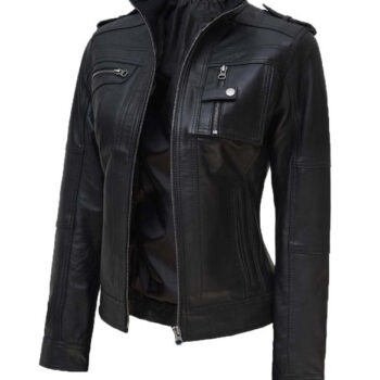 Women Tavares Black Biker Leather Jacket