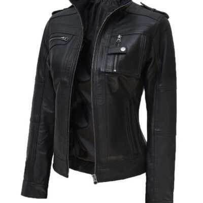 Women Tavares Black Biker Leather Jacket