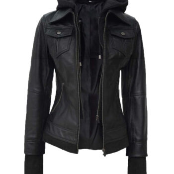 Ionic Women's Black Leather bomber Jacket with Removable Hood