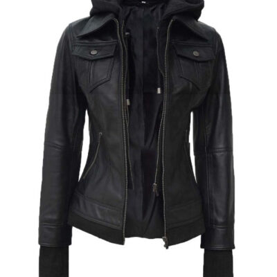 Ionic Women's Black Leather bomber Jacket with Removable Hood