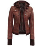 Tralee Dark Brown Bomber Leather Jacket With Removable Hood
