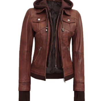 Tralee Dark Brown Bomber Leather Jacket With Removable Hood