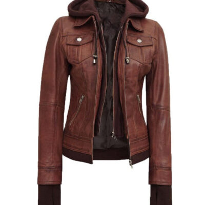 Tralee Dark Brown Bomber Leather Jacket With Removable Hood