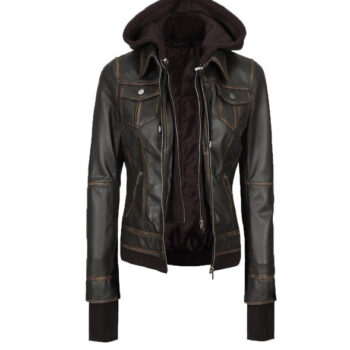 Tralee Rub Off Brown Bomber Leather Jacket With Removable Hood