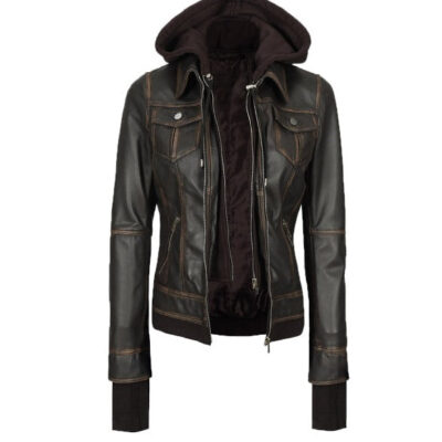 Tralee Rub Off Brown Bomber Leather Jacket With Removable Hood