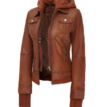 Tralee Tan Bomber Leather Jacket With Removable Hood