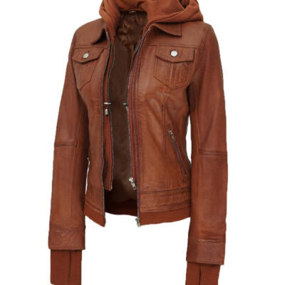Tralee Tan Bomber Leather Jacket With Removable Hood