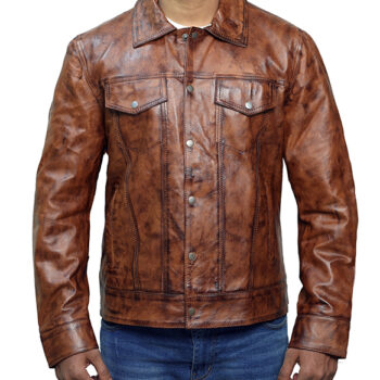 Men’s Trucker Brown Waxed Sheepskin Leather Jacket