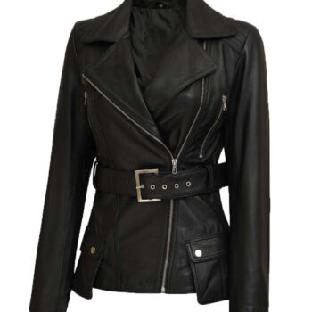 Asymmetrical Black Four Pocket Belted Moto Jacket