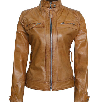 Premium Women's Brown Quilted Cafe Racer Leather Jacket