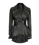 Women's Black Peplum Leather Jacket Zipper Look