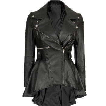 Women's Black Peplum Leather Jacket Zipper Look