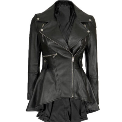 Women's Black Peplum Leather Jacket Zipper Look