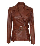 Womens Asymmetrical Cognac Four Pocket Belted Moto Jacket