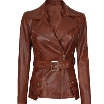 Womens Asymmetrical Cognac Four Pocket Belted Moto Jacket