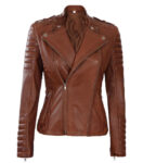 Womens Asymmetrical Four Pocket Belted Cognac Biker Jacket